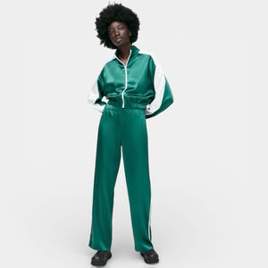 Zara Green White Contrast Piped Satin Effect Cropped Bomber Jacket Women Medium